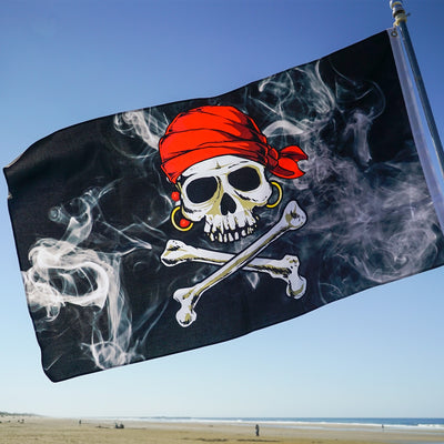 Smokin' Pirate Double Sided Grommet Flag displayed outside, featuring vibrant colors and a dynamic pirate design, capturing the spirit of adventure.
