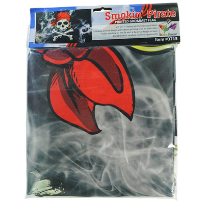 Smokin' Pirate Double Sided Grommet Flag displayed outside, featuring vibrant colors and a dynamic pirate design, capturing the spirit of adventure.