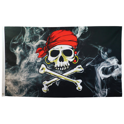 Smokin' Pirate Double Sided Grommet Flag displayed outside, featuring vibrant colors and a dynamic pirate design, capturing the spirit of adventure.