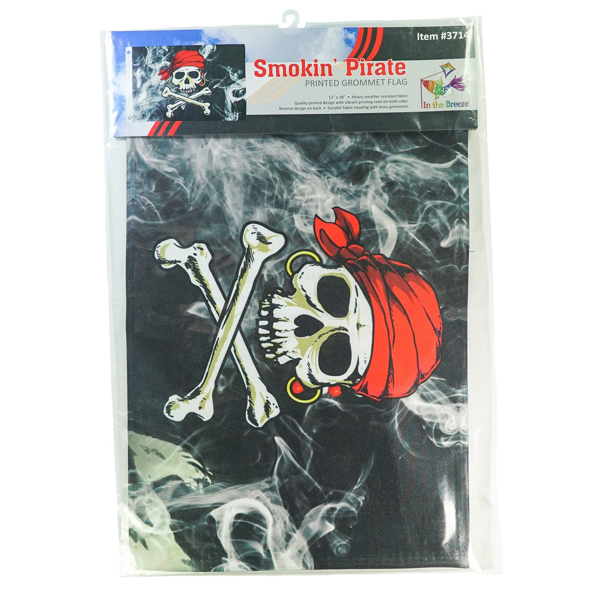 Smokin' Pirate Printed 12''x18'' double-sided grommet flag prominently displayed in an outdoor setting, featuring a bold pirate design.