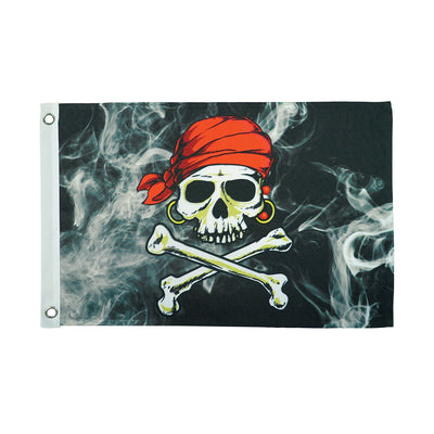 Smokin' Pirate Printed 12''x18'' double-sided grommet flag prominently displayed in an outdoor setting, featuring a bold pirate design.
