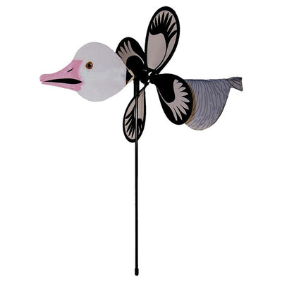 Snow Goose Baby Spinner in vibrant colors, featuring a baby snow goose design, spinning gracefully on a fiberglass pole in a garden setting.