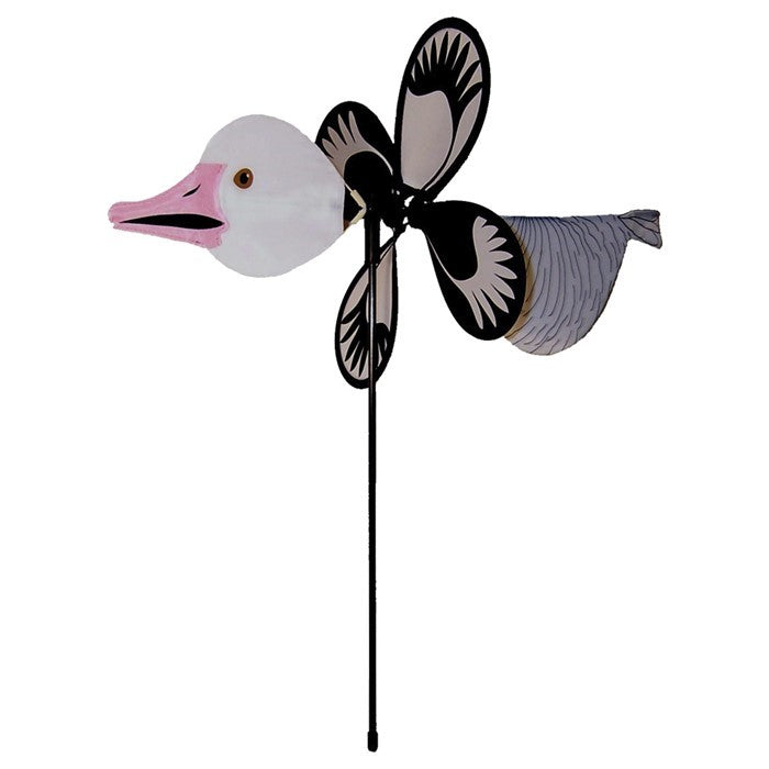 Snow Goose Baby Spinner in vibrant colors, featuring a baby snow goose design, spinning gracefully on a fiberglass pole in a garden setting.