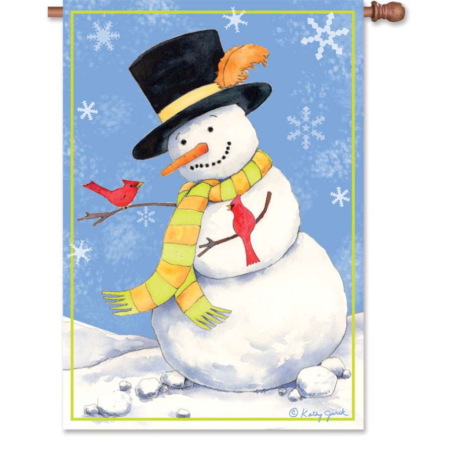 28 in. illuminated Snowman Cardinals house flag displaying cheerful snowmen and cardinals, adding winter charm to an outdoor space.