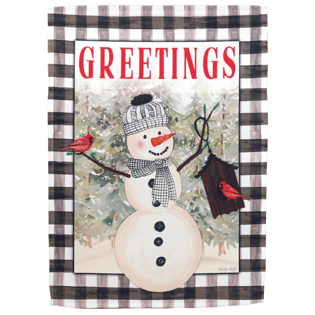 Snowman With Cardinals garden flag showing a cheerful snowman with cardinals, beautifully displayed in an outdoor garden setting.
