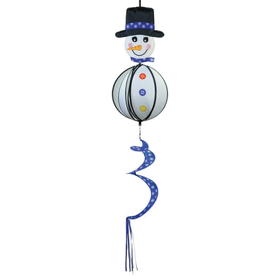 Snowman with Hat Hanging Ball Spinner in a garden setting, showcasing colorful panels and a cheerful, embroidered face, perfect for winter decoration.