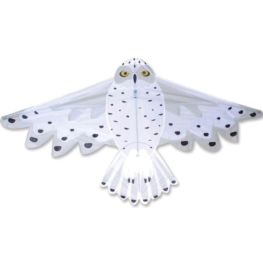 Snowy Owl bird kite with 70 inch wingspan, feather print, ripstop polyester sail, and fiberglass frame. Includes 300 ft. line and vinyl case.