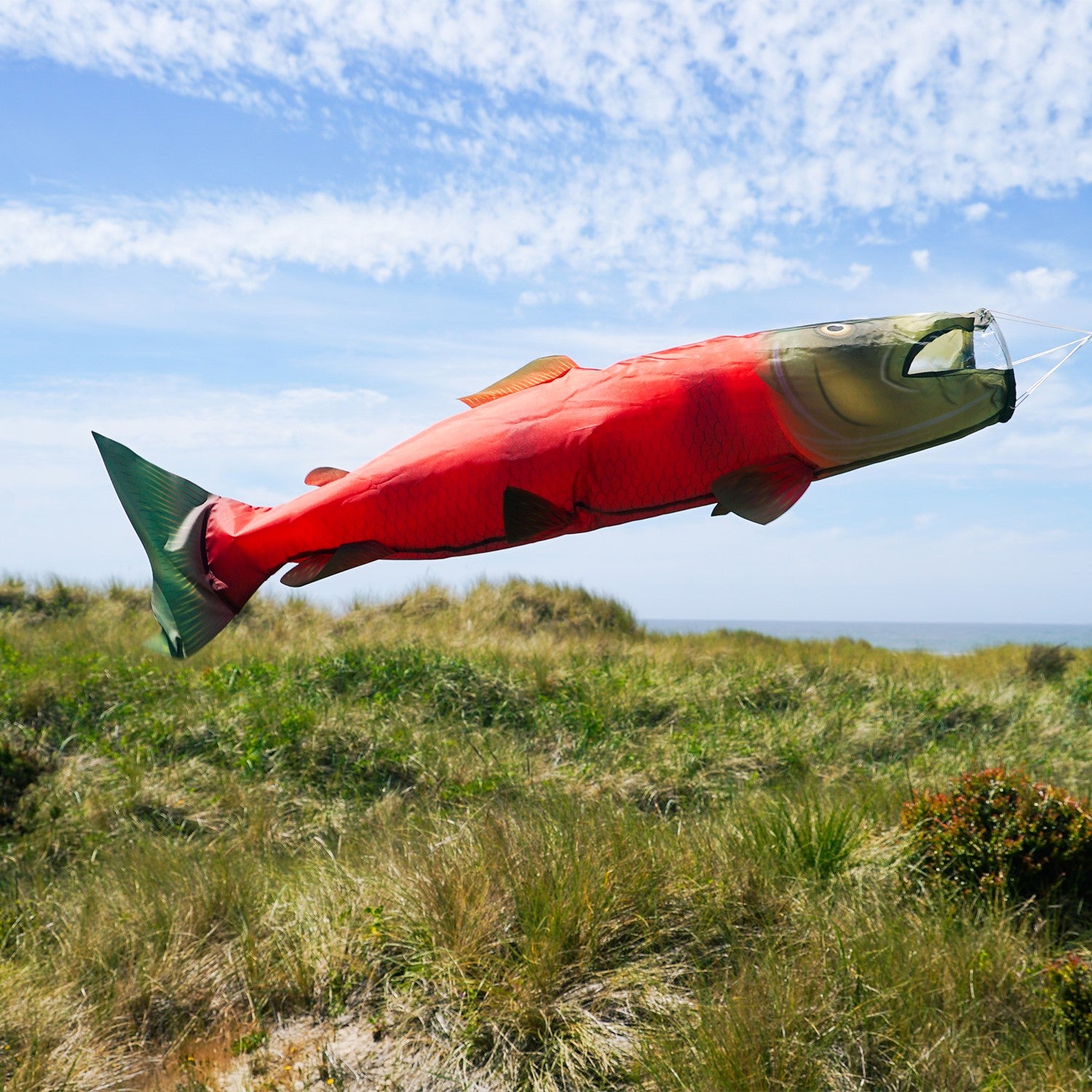 Sockeye Salmon 48-inch Fish Windsock featuring vibrant colors and detailed design, fluttering in the breeze at a marina.
