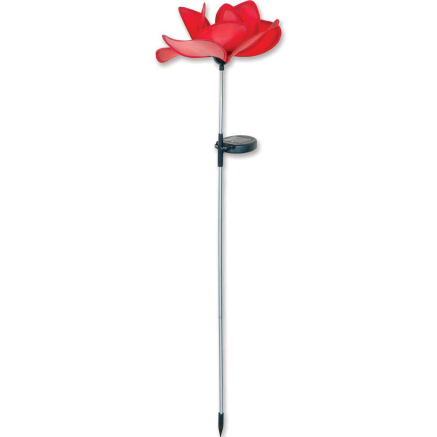 Solar Flower - Rose garden stake featuring vibrant polyester petals and solar panel, displayed in a garden setting during twilight.