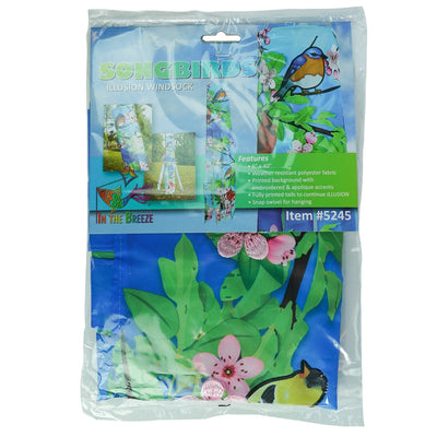 Songbird 40\" Illusion Windsock with colorful printed design and embroidered details, hanging freely in an outdoor garden setting.
