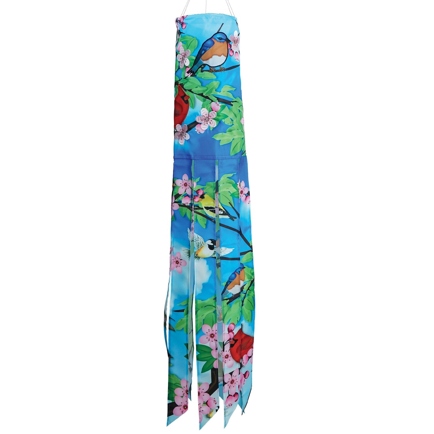 Songbird 40\" Illusion Windsock with colorful printed design and embroidered details, hanging freely in an outdoor garden setting.