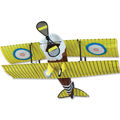 Sopwith Camel biplane kite with WWI-style roundels, spinning propellers, authentic detailing, and easy flight. Line and handle included.