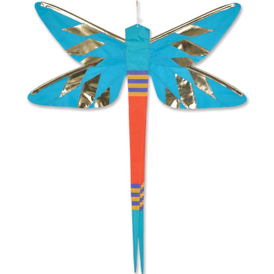SoundWinds Damselfly Hanging Banner in blue, measuring 35x38 inches, featuring a colorful damselfly design hanging gracefully from a porch.
