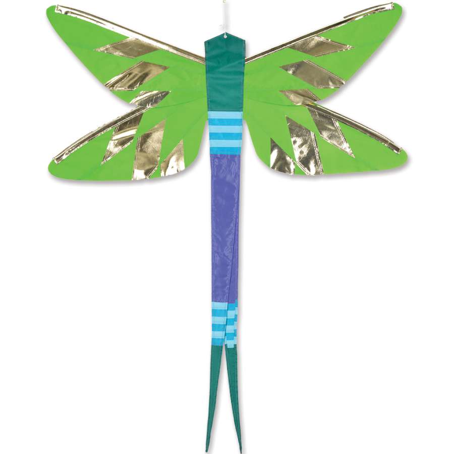 SoundWinds Damselfly Hanging Banner in green, measuring 35x38 inches, featuring a delicate damselfly design swaying gently in the breeze outdoors.