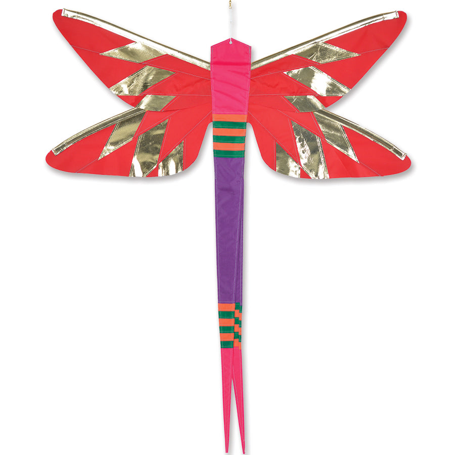 SoundWinds Damselfly Hanging Banner in red, showcasing a unique damselfly design, displayed from a porch in an outdoor setting.