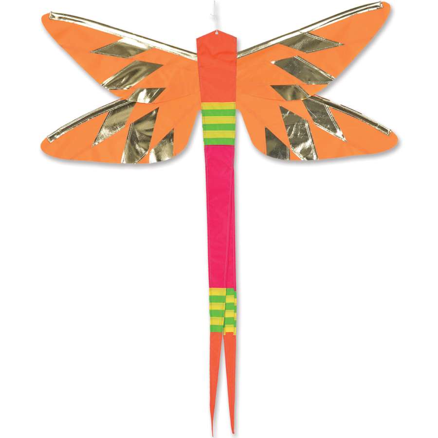 SoundWinds Damselfly Hanging Banner in yellow, measuring 35x38 inches, beautifully fluttering in the wind on a porch or decorative pole.