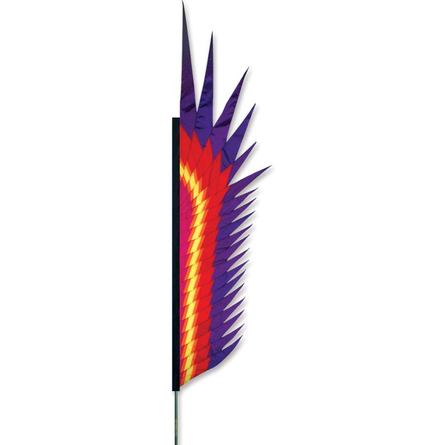 SoundWinds Electra Feather Banner in red, displaying vibrant Native American-inspired graphics fluttering in the wind outdoors.