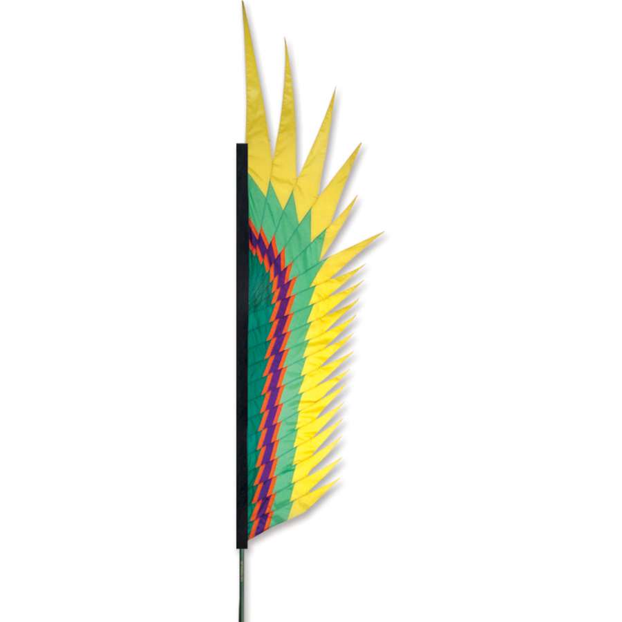 SoundWinds Electra Feather Banner in vibrant yellow displayed in a garden, featuring contemporary Native American-inspired graphics.
