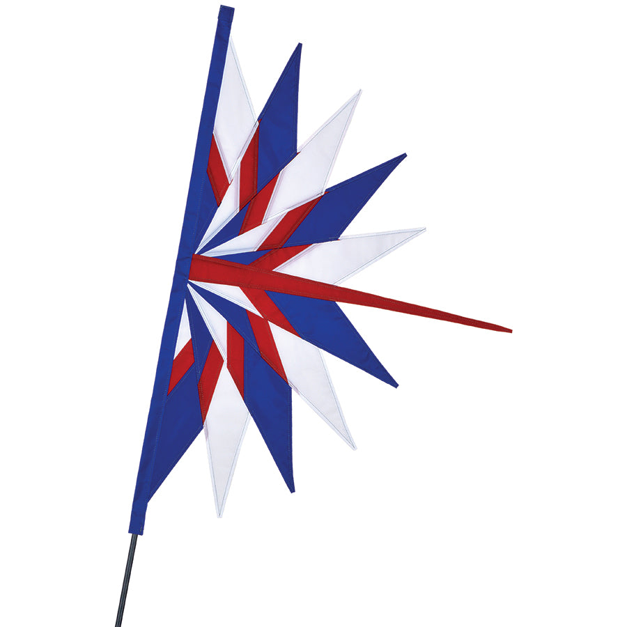 SoundWinds Fan Recumbent Bike Flag mounted on a bike, vibrant patriotic colors waving, showcasing its 23x35.5 dimensions in an outdoor setting.