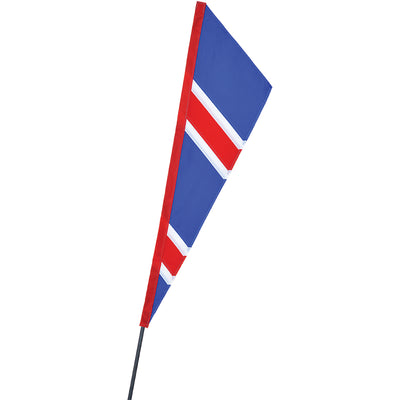 SoundWinds Fanion recumbent bike flag, measuring 9 inches by 33 inches, displayed on a bike with a sunny road backdrop, showcasing a patriotic design.