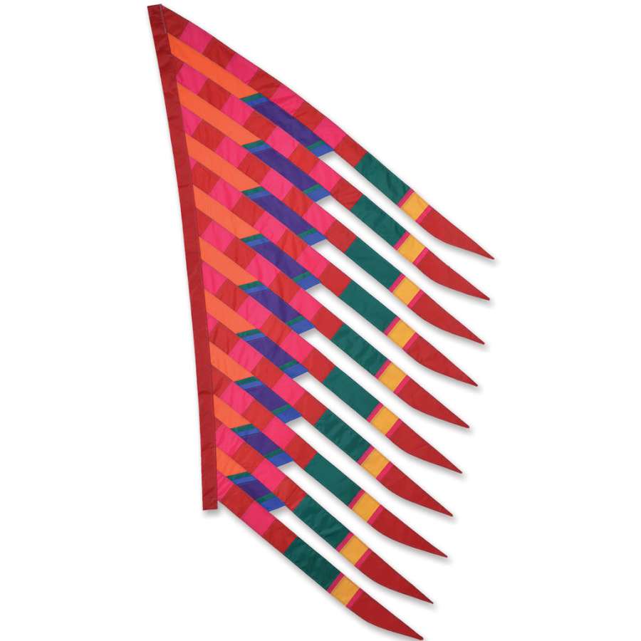 SoundWinds Feathersail Banner in crimson and red, measuring 90x40 inches, displayed elegantly on a pole outdoors, showcasing vibrant colors.
