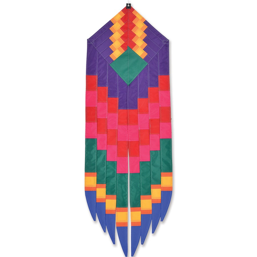 SoundWinds Goddess Earring Hanging Banner in purple hanging elegantly from a garden pole, showcasing its unique design and vibrant color.