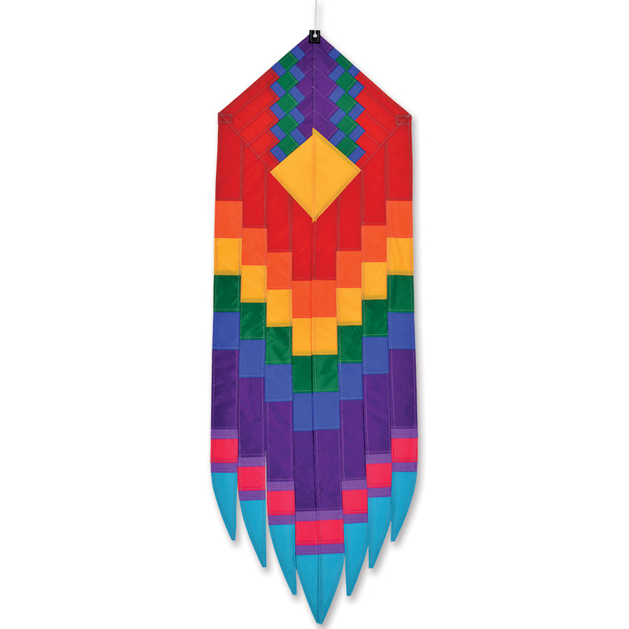 SoundWinds Goddess Earring Hanging Banner in bright red, measuring 14 x 42 inches, displayed gracefully from a porch railing in an outdoor setting.