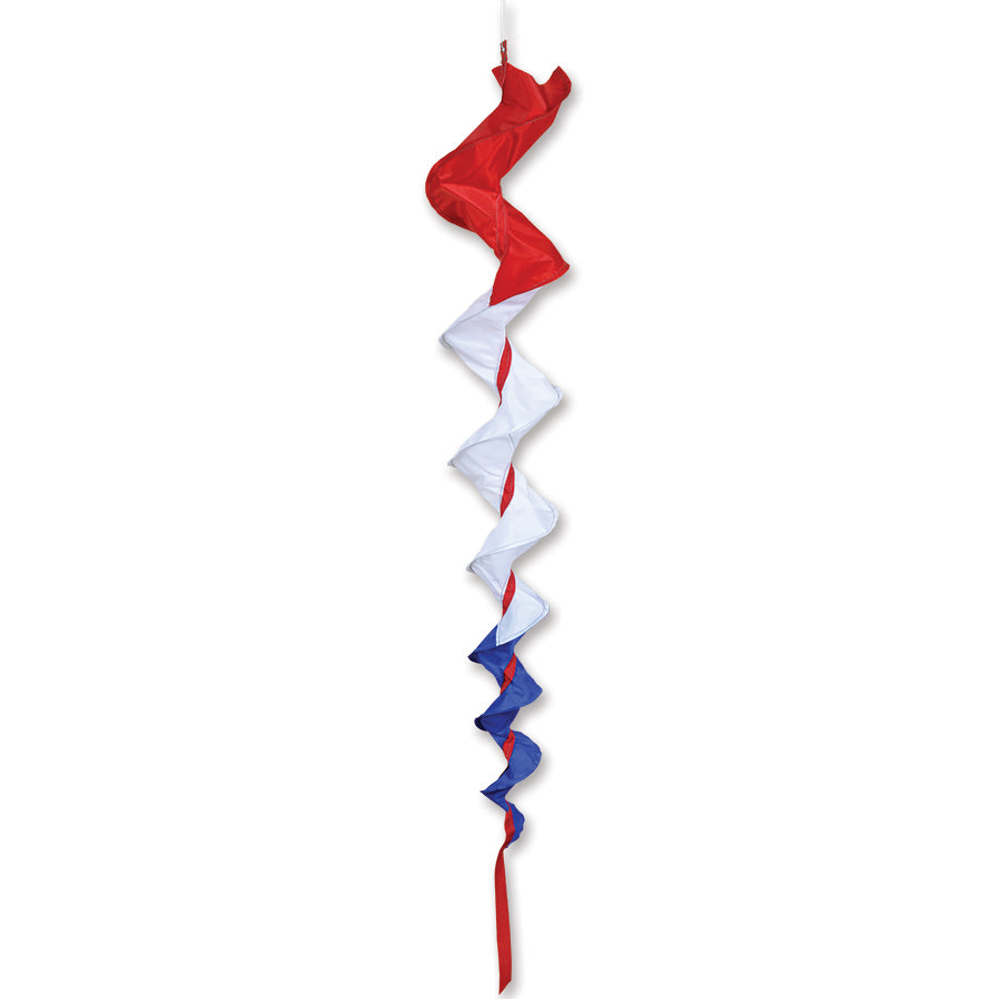 SoundWinds Large Fusilli Spinning Windsock featuring red, white, and blue colors displayed outdoors, spinning in the wind against a clear sky.