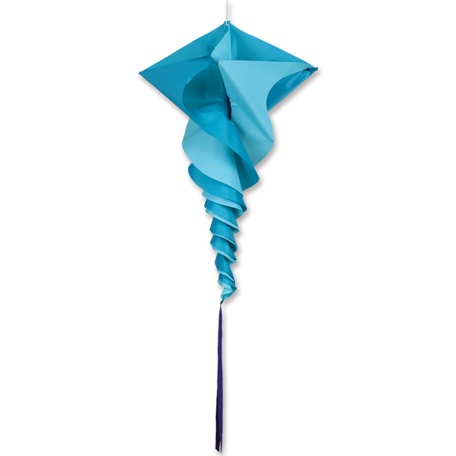 SoundWinds Large Rotini Spinning Windsock - Arctic with colorful swirling design, measuring 19 inches wide by 44 inches high, displayed outdoors in a garden setting.