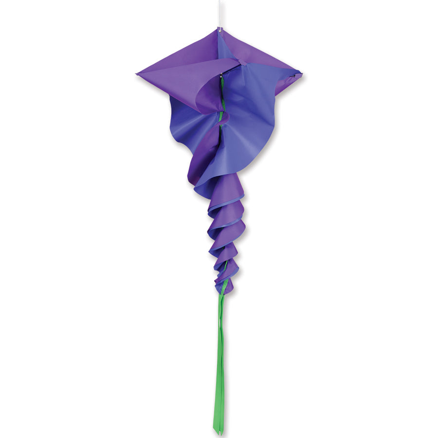 SoundWinds Large Rotini Spinning Windsock in Lavender, measuring 19 x 44 inches, gracefully spinning outdoors in a sunny garden setting.