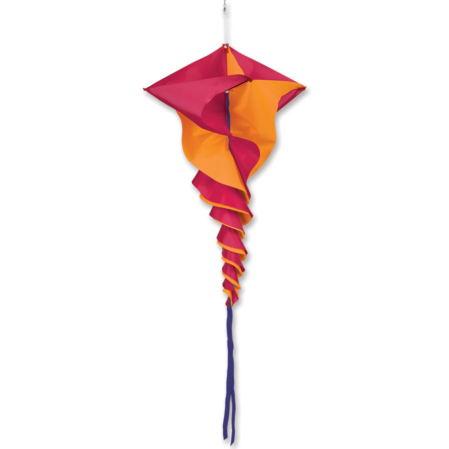 SoundWinds Large Rotini Spinning Windsock in bright orange, measuring 19 x 44 inches, elegantly spinning in the wind, adding color to an outdoor setting.
