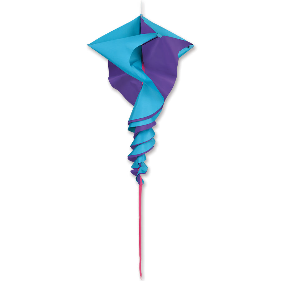 SoundWinds Large Rotini Spinning Windsock in purple and teal, 19x44 inches, spinning in a gentle breeze, adding color and movement to an outdoor garden.
