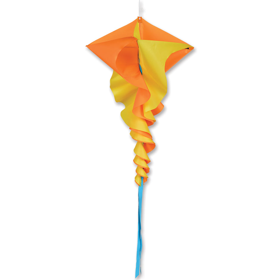 SoundWinds Large Rotini Spinning Windsock in yellow displayed outdoors, showing its 19x44 size and playful spinning design in a breeze.