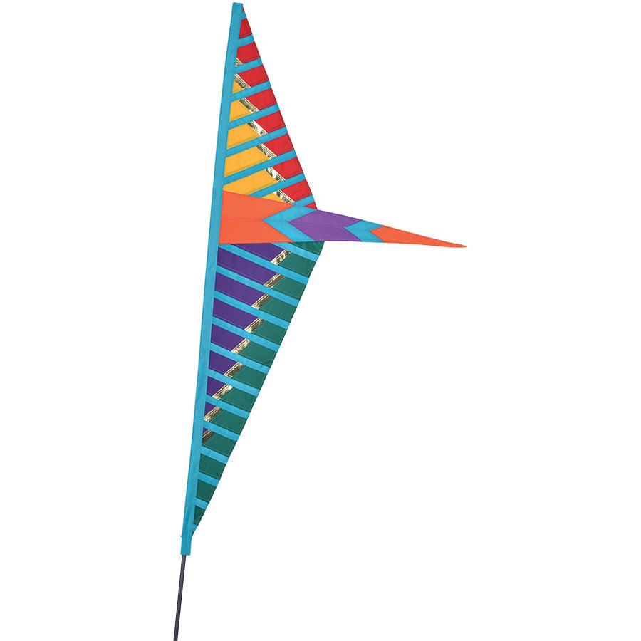 SoundWinds Lark Recumbent Bike Flag in vibrant purple rainbow design, measuring 25 x 52 inches, mounted on a bike for enhanced visibility.