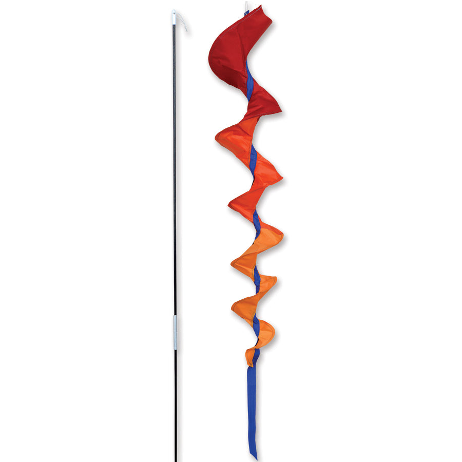 Vibrant orange SoundWinds Medium Fusilli Spinning Recumbent Bike Windsock displayed on a 6mm pole outdoors, enhancing visibility for cyclists.