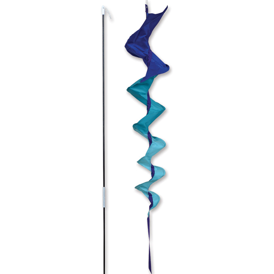 SoundWinds Medium Fusilli Spinning Recumbent Bike Windsock in vibrant blue set against a picturesque cycling background, measuring 33 inches tall.