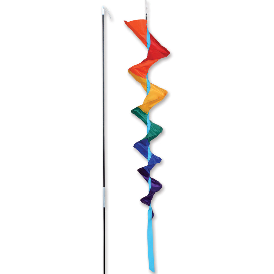 SoundWinds Medium Fusilli spinning bike windsock in rainbow colors attached to a bike, showcasing motion against a clear blue sky.