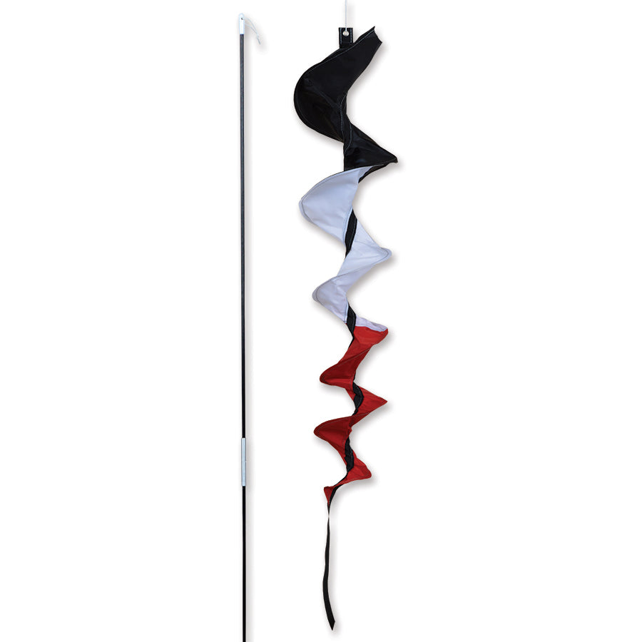 SoundWinds Medium Fusilli Spinning Windsock for bikes, colorful design mounted on a bike pole, 33 inches tall, outdoors in a scenic setting.