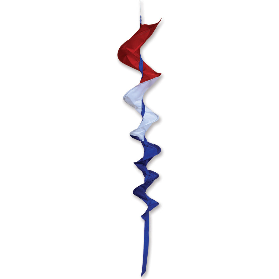 SoundWinds Medium Fusilli Spinning Windsock in vibrant colors, measuring 33 inches and 8 inches in diameter, spinning in the wind on display outdoors.