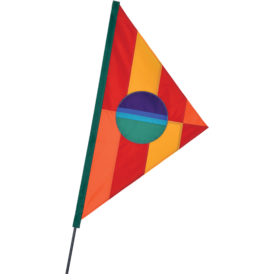 SoundWinds Phoebus Recumbent Bike Flag in warm rainbow colors prominently displayed on a bicycle, highlighting its 15.5x31 inch size and design.