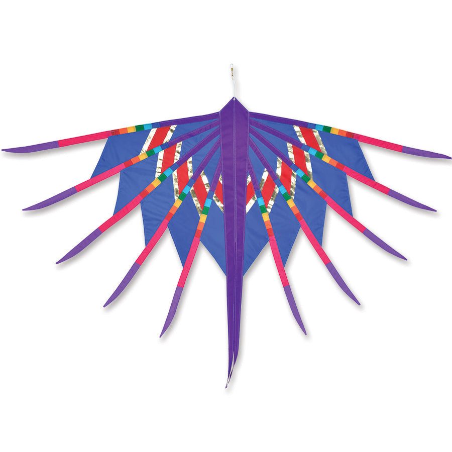 SoundWinds Phoenix Hanging Banner in blue, measuring 66 inches by 43 inches, displayed elegantly from a porch amidst greenery.