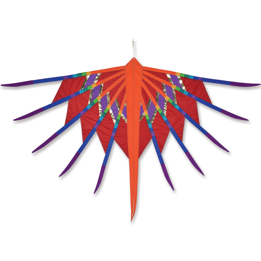 SoundWinds Phoenix Hanging Banner in vibrant red hanging from a porch, showcasing its unique phoenix design and large dimensions of 66x43 inches.