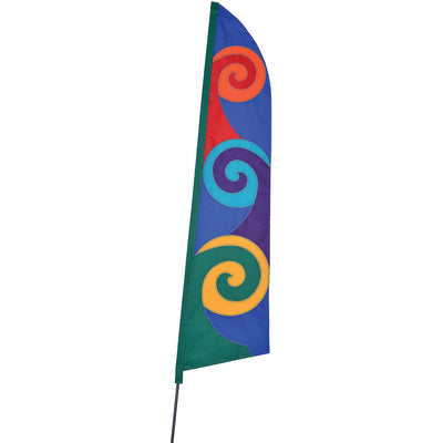 SoundWinds Pop Recumbent Bike Flag in blue, measuring 12x51 inches, displayed on a curved fiberglass pole in an outdoor cycling setting.