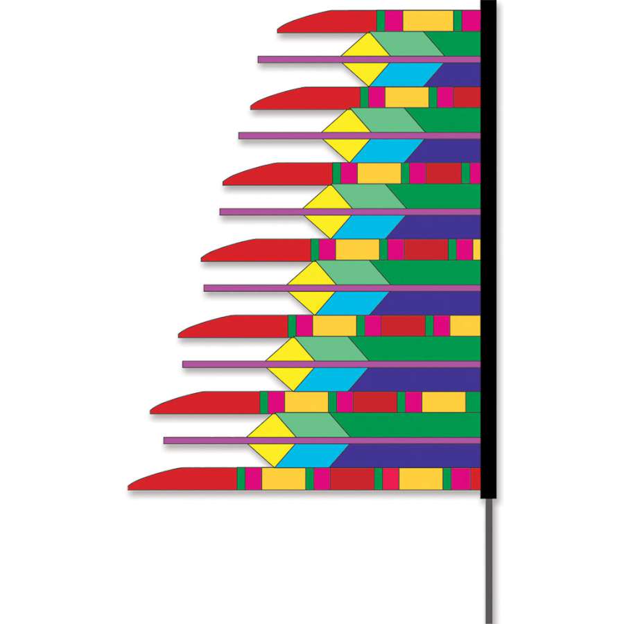 SoundWinds Powwow Feather Banner in red, featuring intricate feather design against a bright background, displayed outdoors in a garden setting.