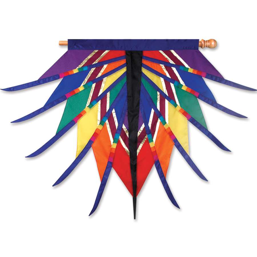 SoundWinds Progressive Banner - Aten Rainbow featuring colorful geometric designs by David Ti, displayed on an outdoor flagpole in a vibrant garden setting.
