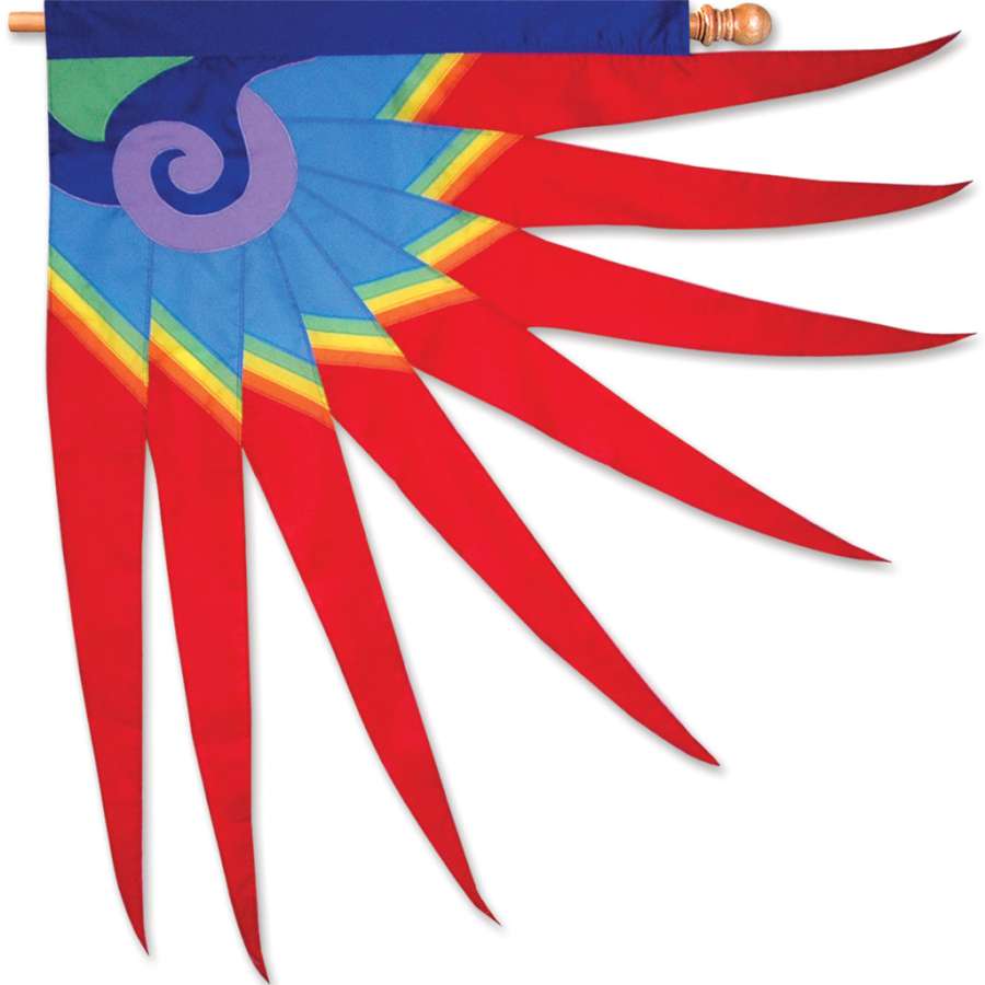 SoundWinds Progressive Banner featuring Hydra Rainbow design, made from durable SunTex fabric and displayed on a flagpole in an outdoor garden.