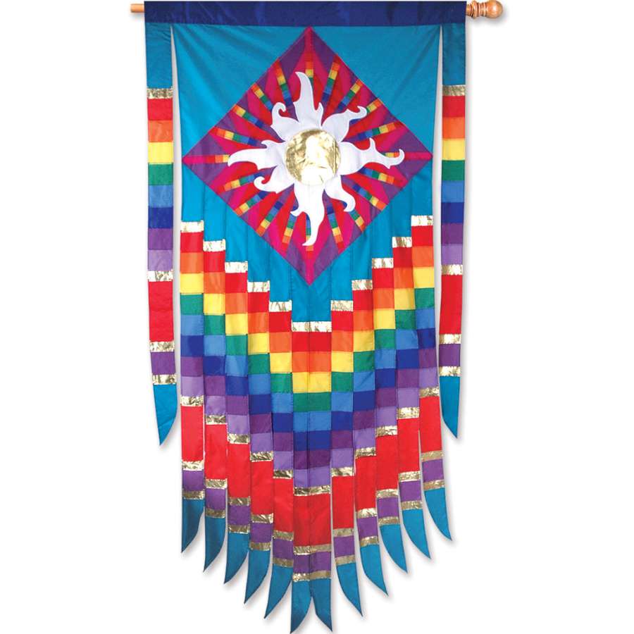 SoundWinds Progressive Banner featuring vibrant colors and Native American-inspired artwork displayed on a flag pole in a garden setting.