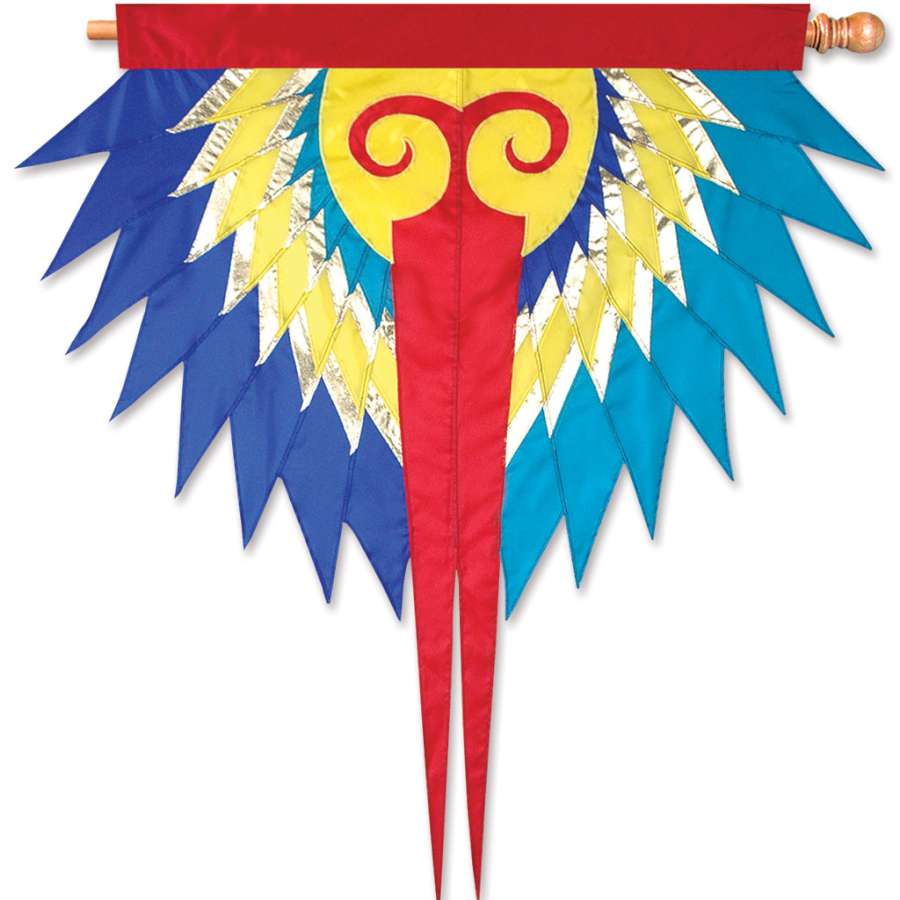 SoundWinds Progressive Banner in Phoenix Blue featuring modern Native American-inspired graphics displayed on a flagpole in an outdoor garden setting.