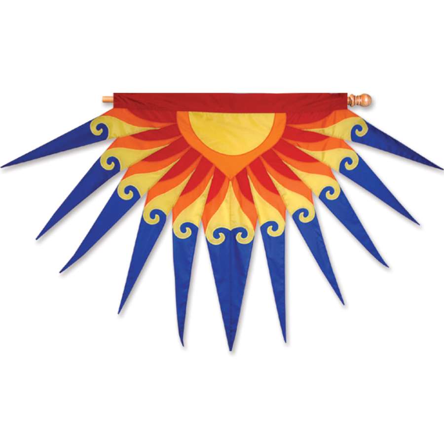 SoundWinds Progressive Banner Sun Burst Blue with bold graphics, displayed on a flag pole in an outdoor garden setting.