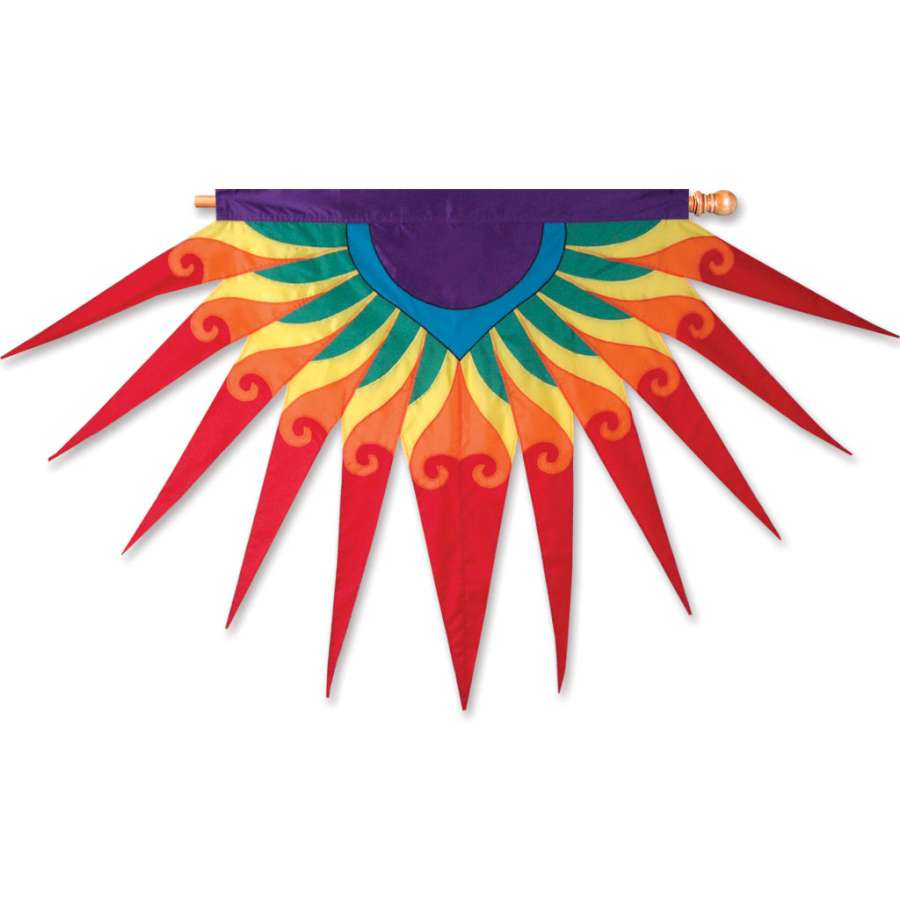 SoundWinds Progressive Banner in vibrant Sun Burst Red with intricate Native American-inspired designs displayed on a flag pole in an outdoor setting.